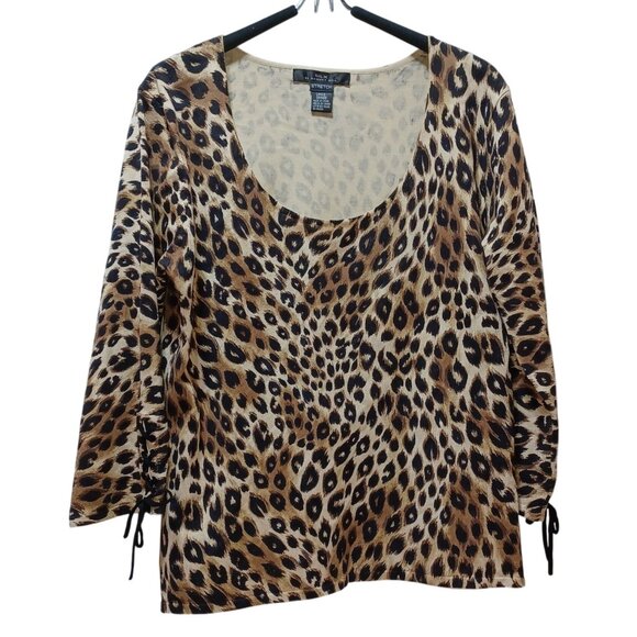 August Silk Stretch Leopard Print Scoop Neck Top Womens Large Bold Classic - Picture 1 of 8